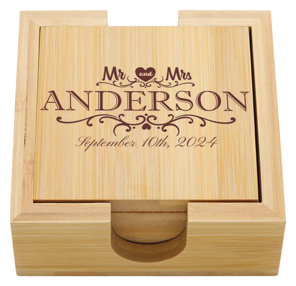 Bamboo Square Coaster Set of 4 - Heart Mr & Mrs With Date