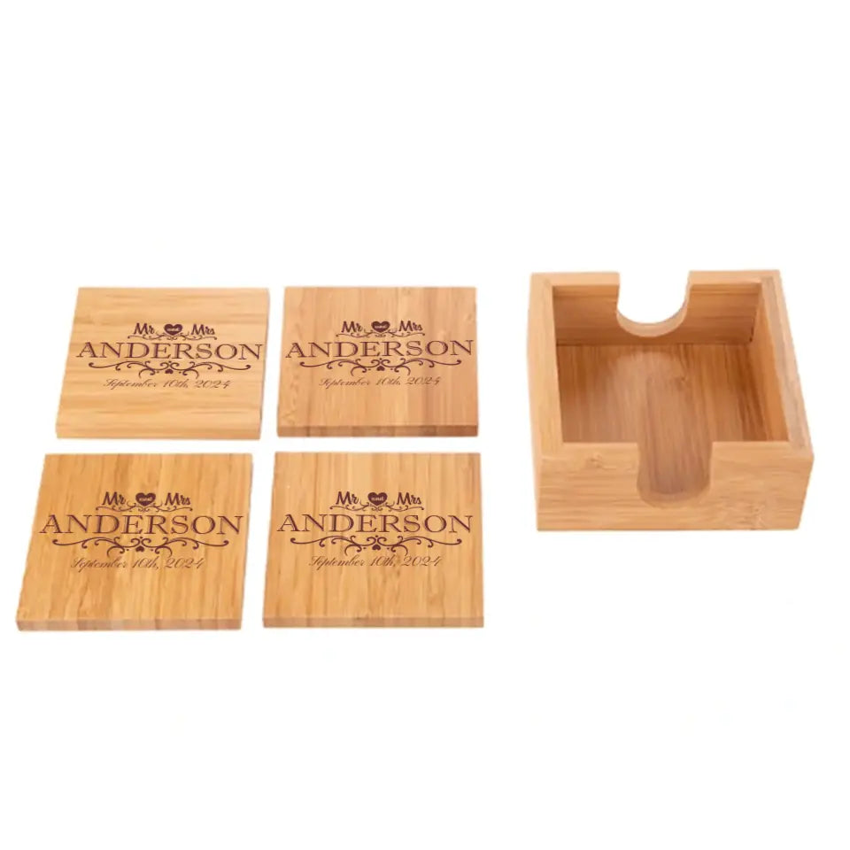 Bamboo Square Coaster Set of 4 - Heart Mr & Mrs With Date