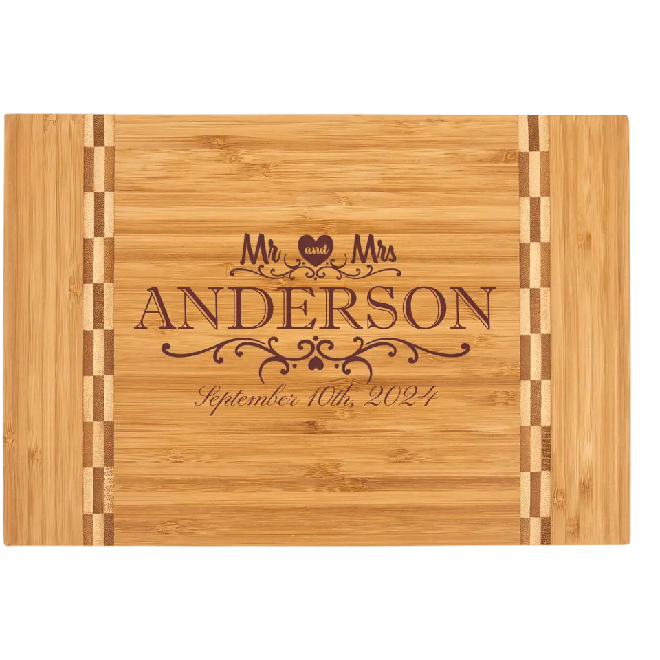 Bamboo Cutting Board With Butcher Block Inlays - Mr. & Mrs. Custom With Date