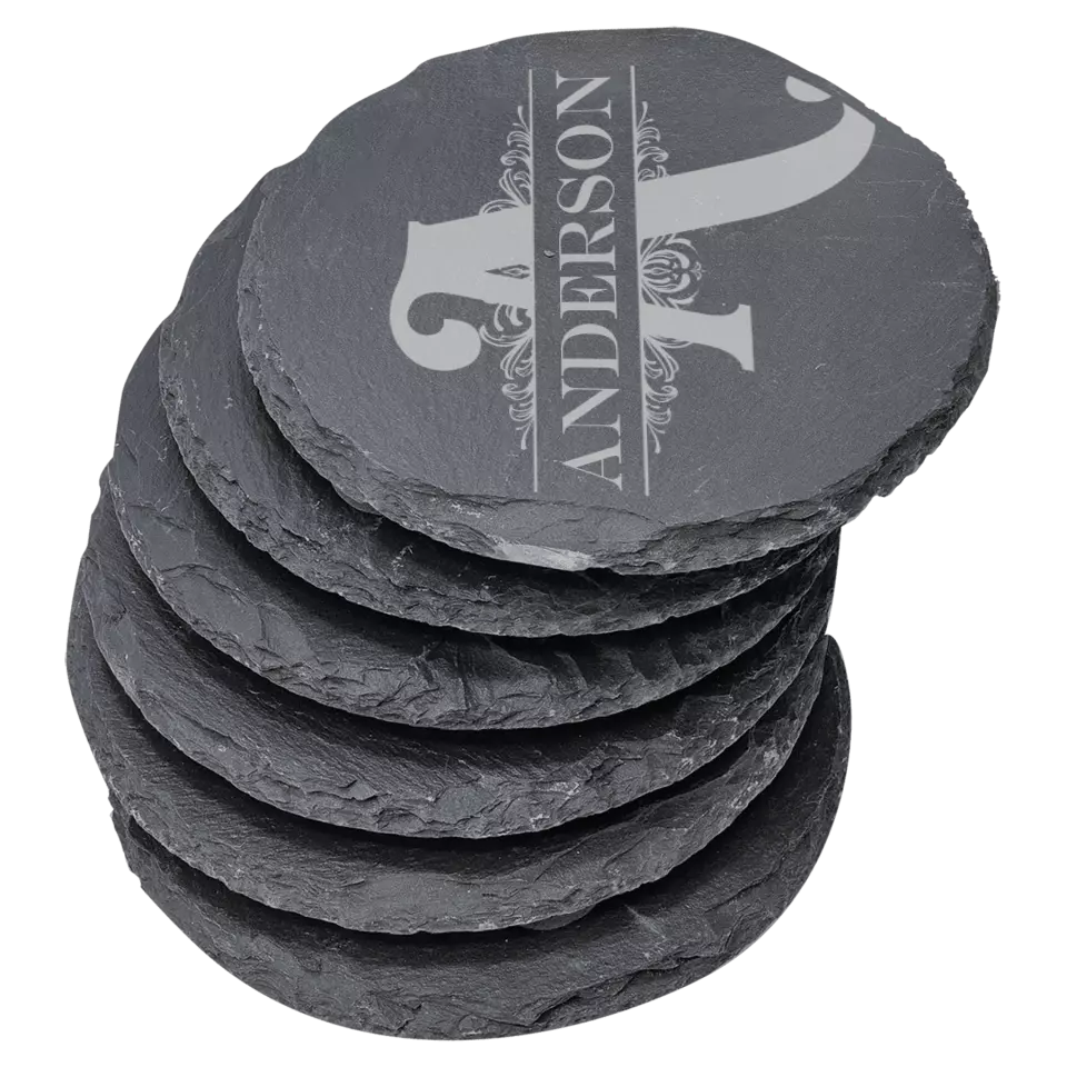 4" Round Slate Coasters 6 Piece Set - Split Monogram With Name