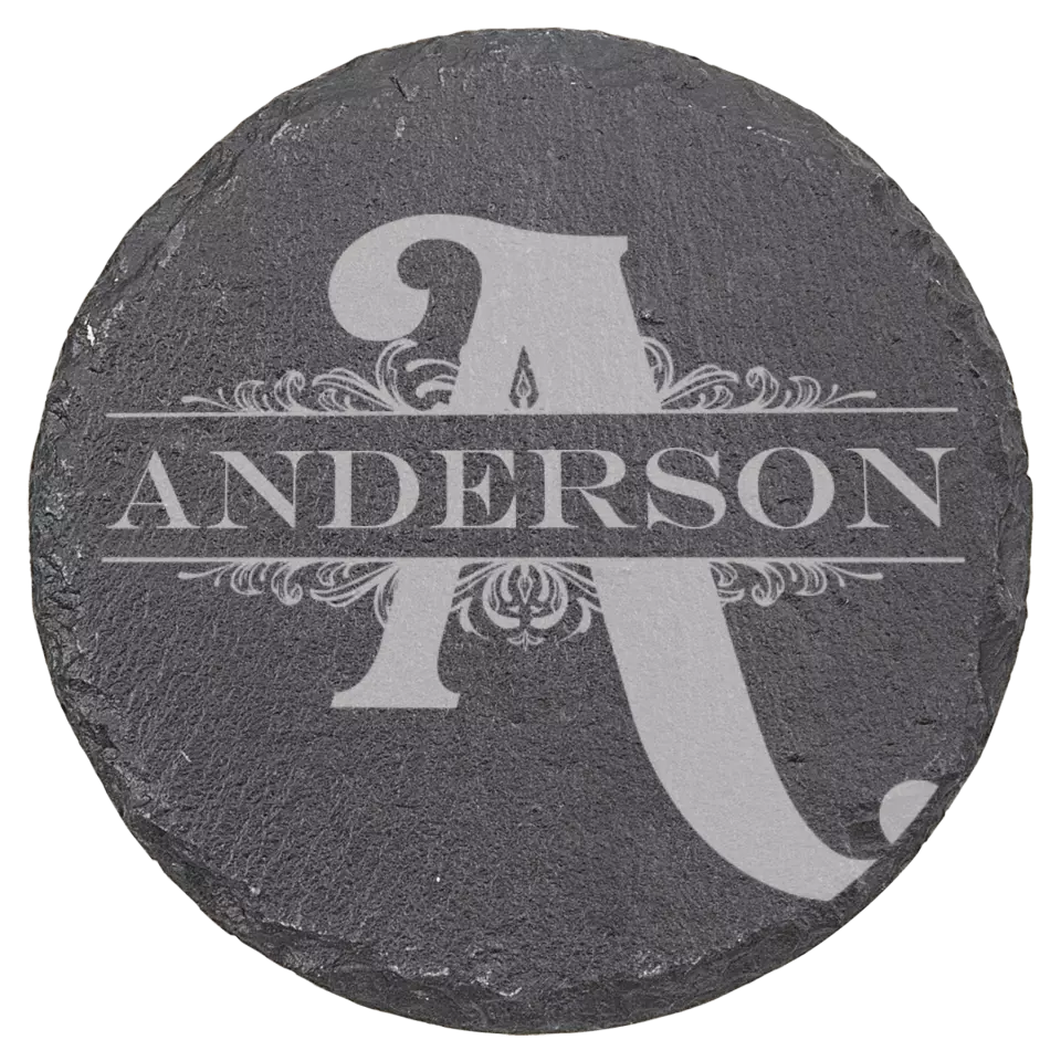 4" Round Slate Coasters 6 Piece Set - Split Monogram With Name