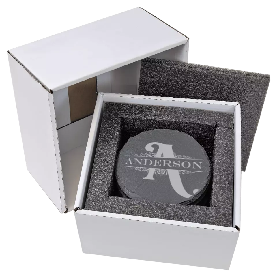 4" Round Slate Coasters 6 Piece Set - Split Monogram With Name