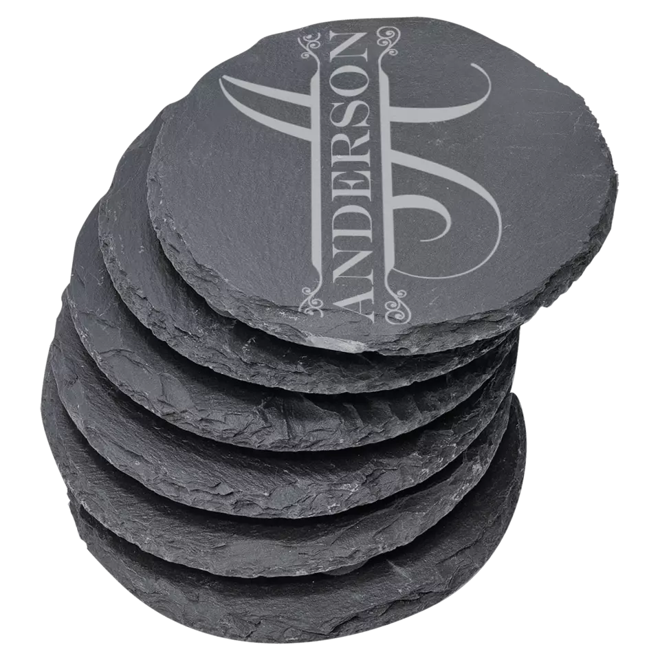 4" Round Slate Coasters 6 Piece Set - Split Monogram With Name