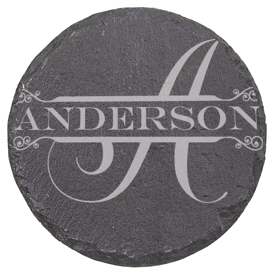 4" Round Slate Coasters 6 Piece Set - Split Monogram With Name