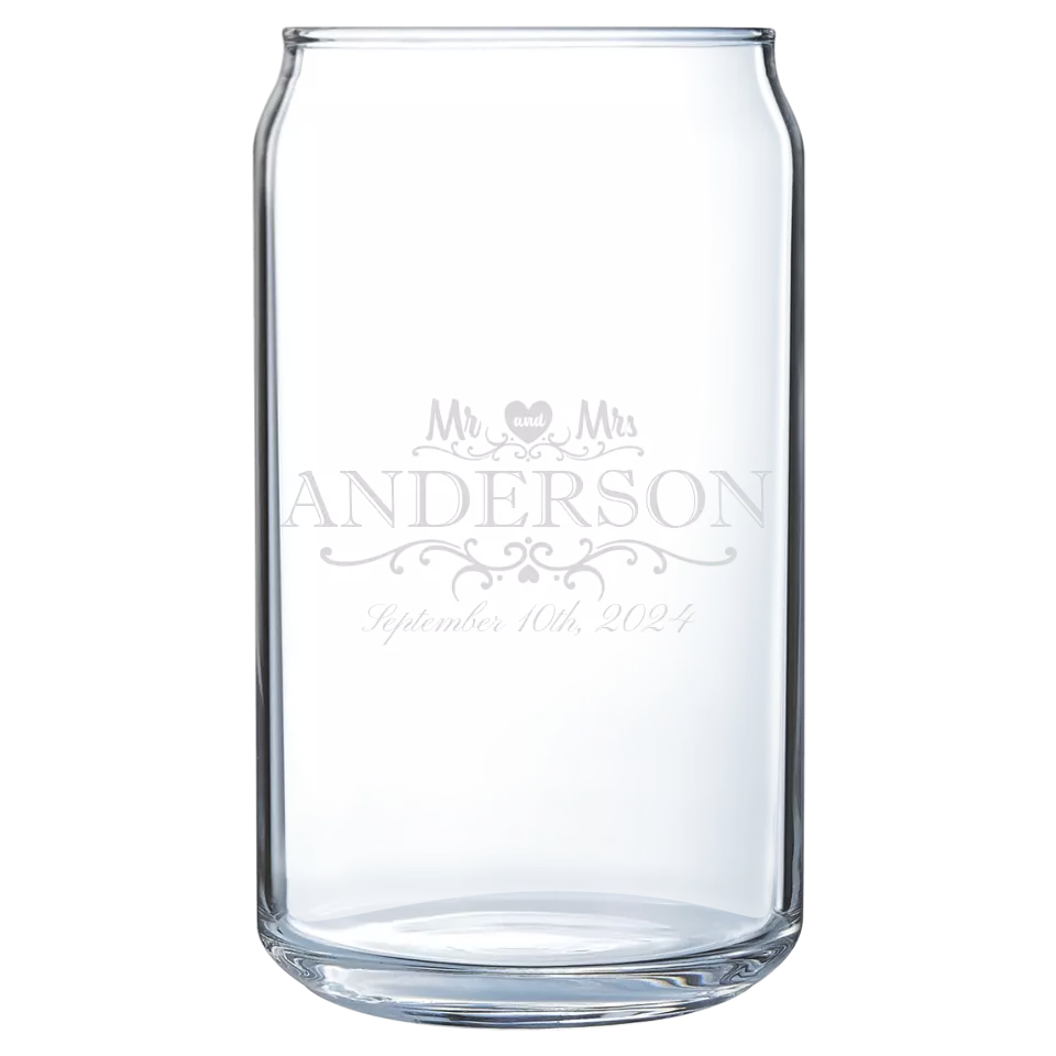 Beer Can Glass - Heart Mr & Mrs With Date