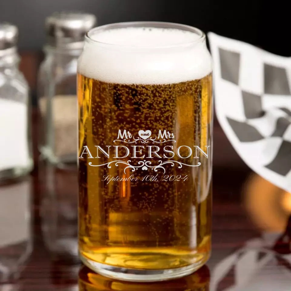 Beer Can Glass - Heart Mr & Mrs With Date