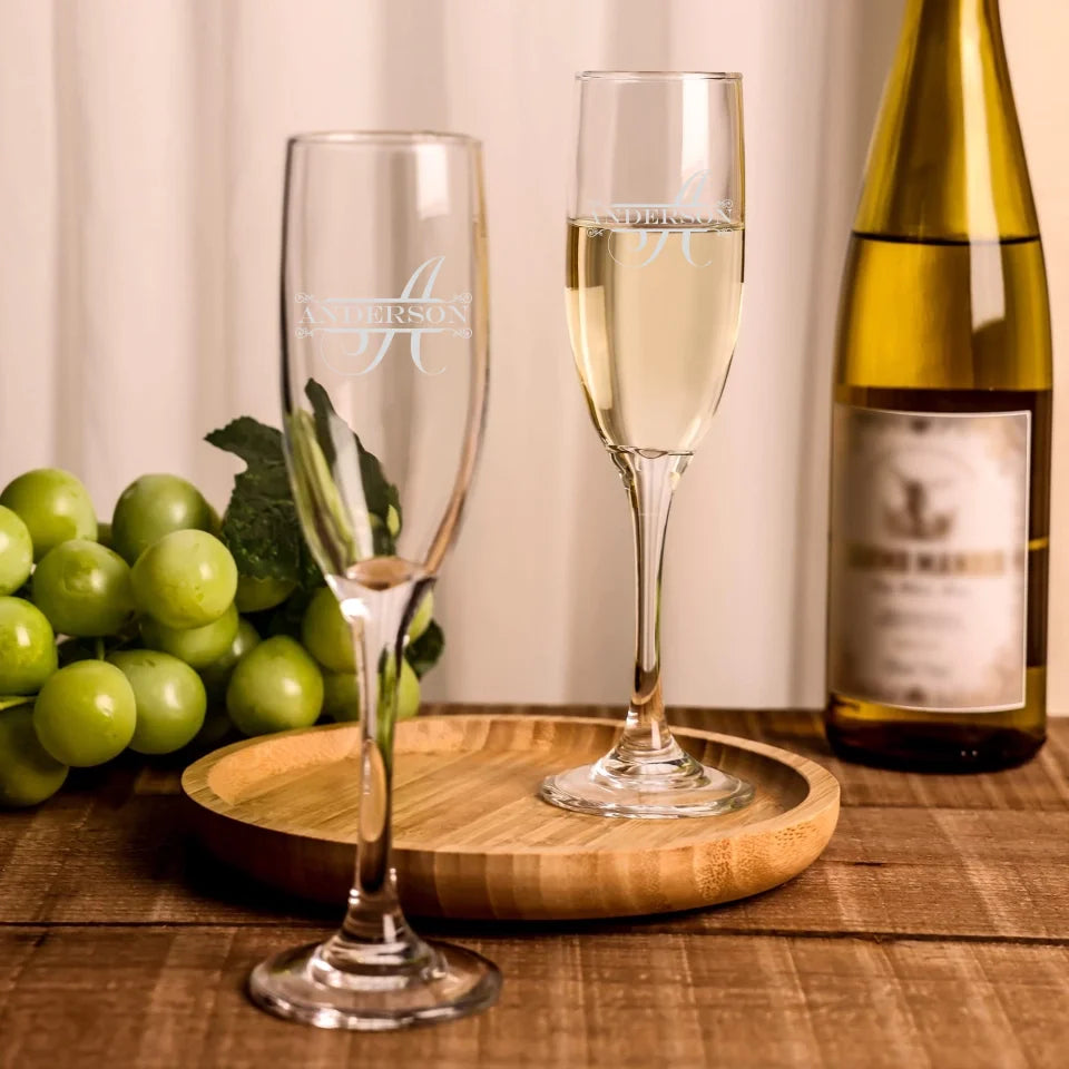 Classic Champagne Flute Glass - Split Monogram With Name