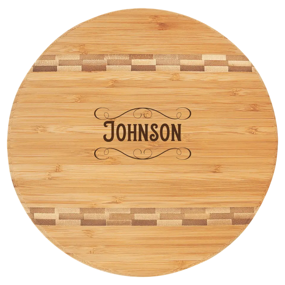 Round Bamboo Cutting Board With Butcher Block Inserts - Personalized Fancy Last Name