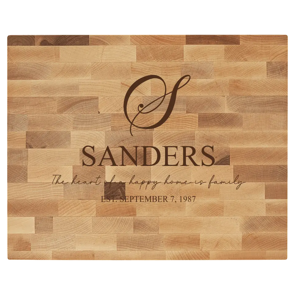 Maple Butcherblock Cutting Board - Personalized Script Monogram With Family Slogan
