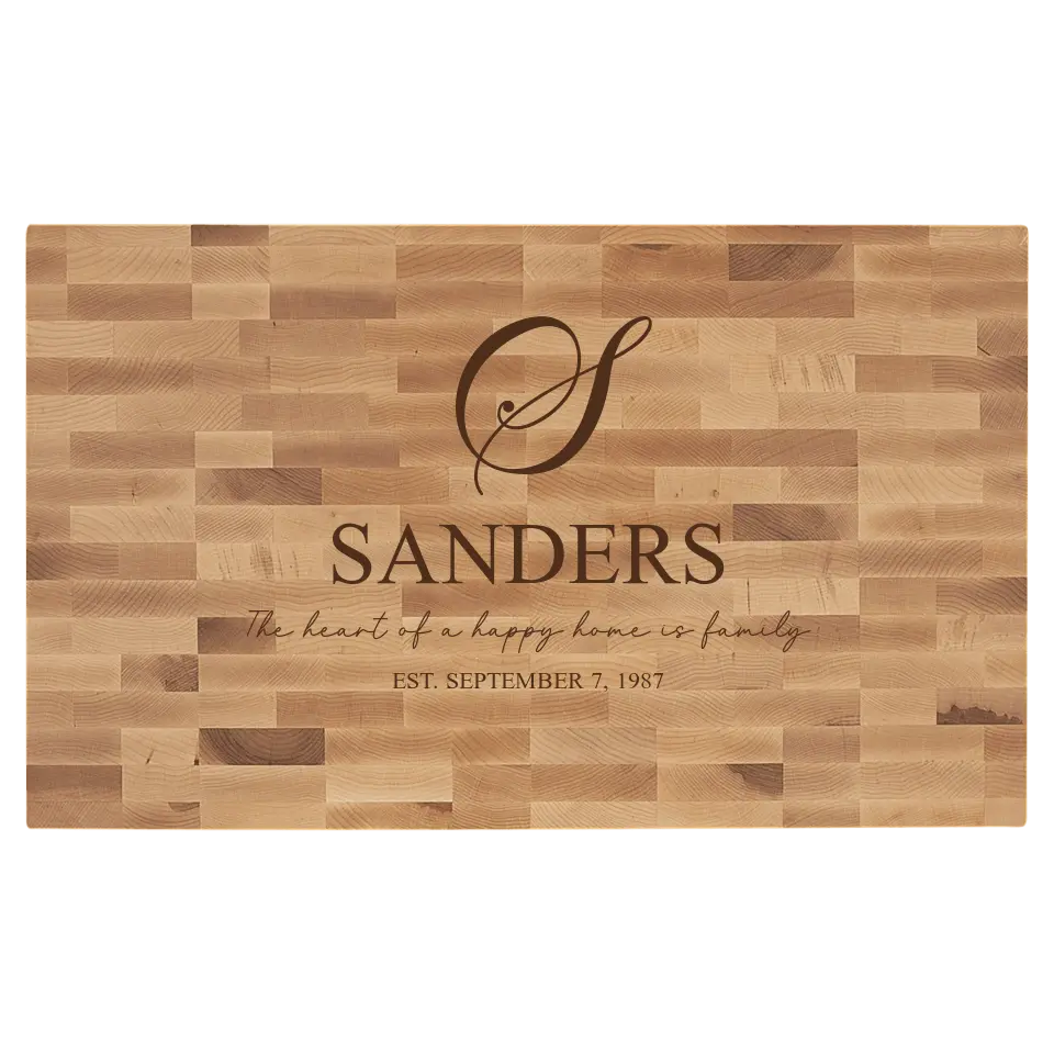 Maple Butcherblock Cutting Board - Personalized Script Monogram With Family Slogan