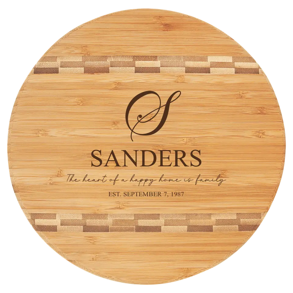 Round Bamboo Cutting Board With Butcher Block Inserts - Personalized Script Monogram With Family Slogan