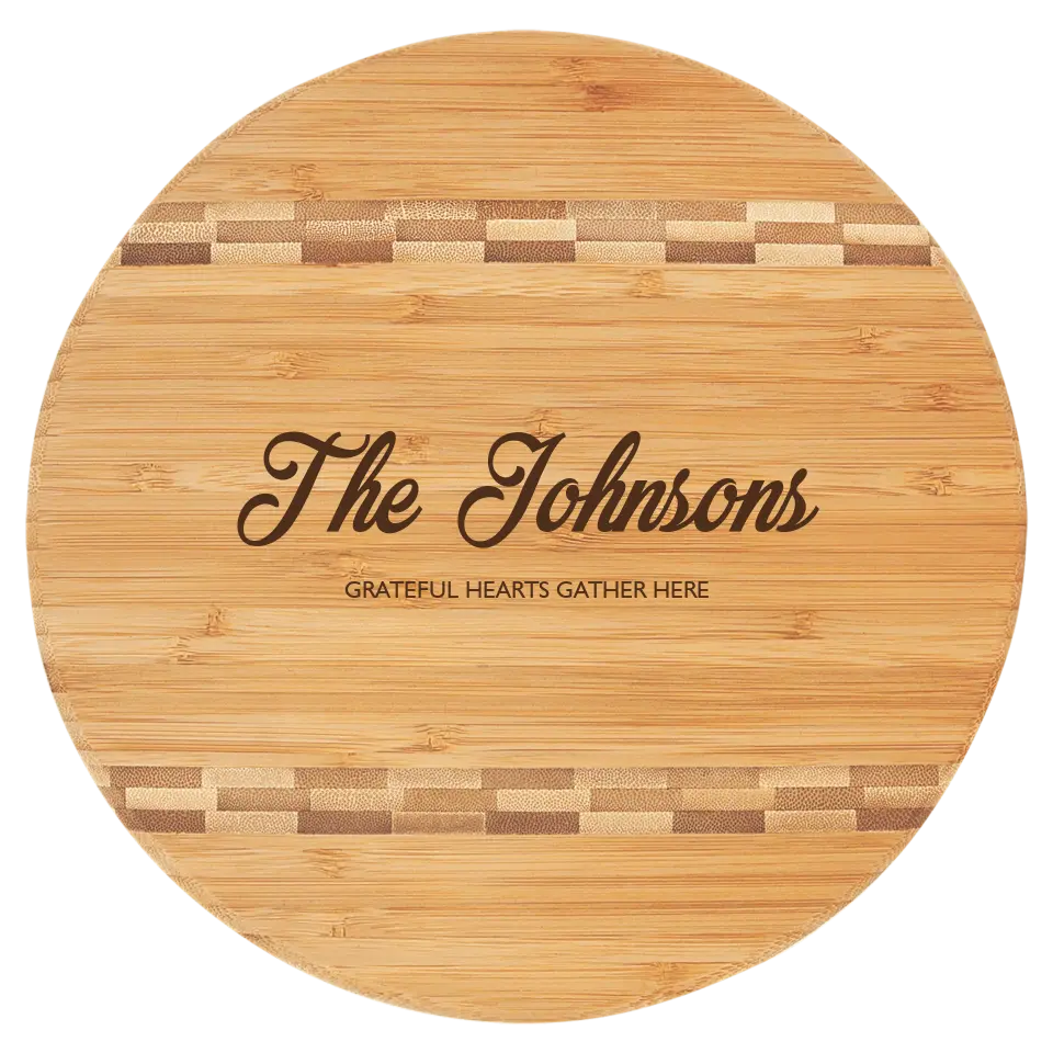 Round Bamboo Cutting Board With Butcher Block Inserts - Personalized Family Slogan