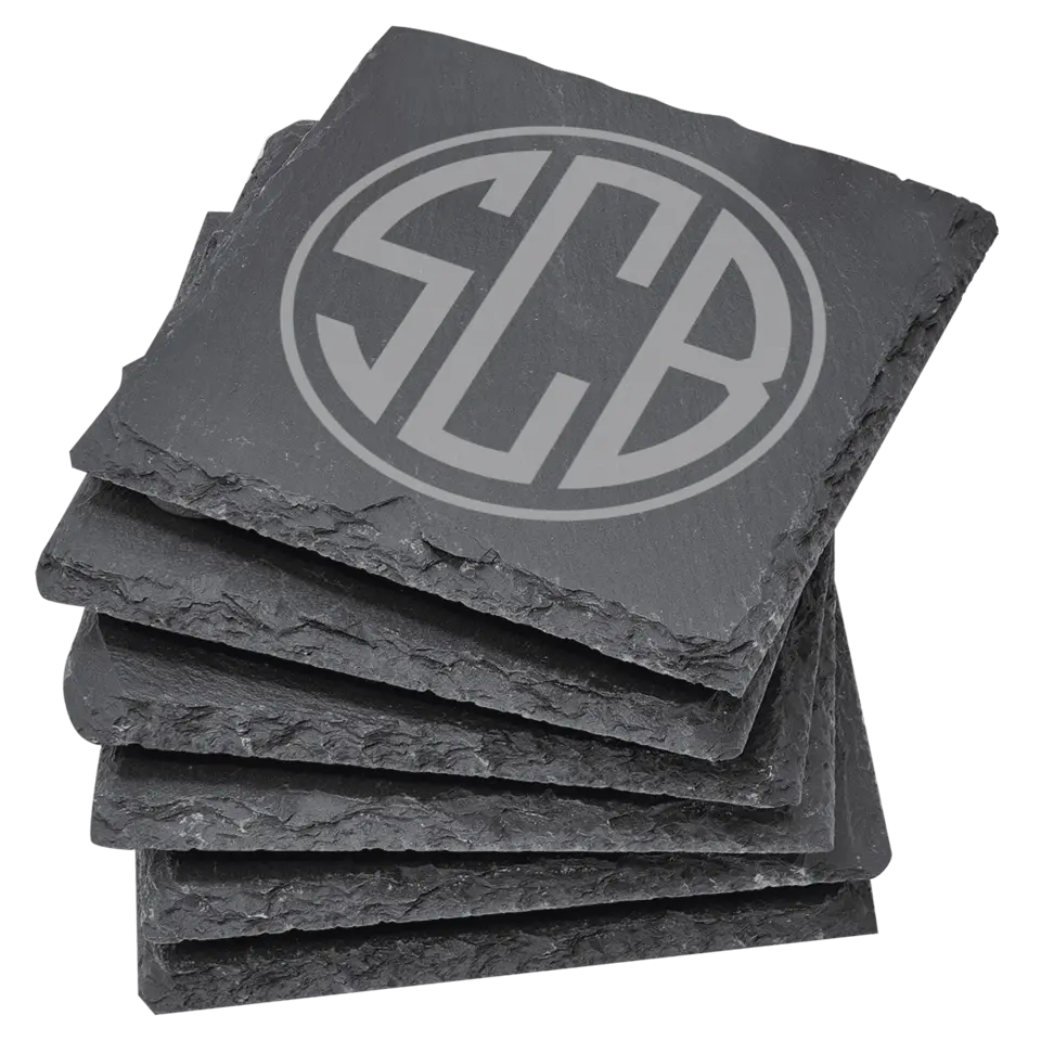 4" Square Slate Coasters 6 Piece Set - Round 3 Letter Monogram