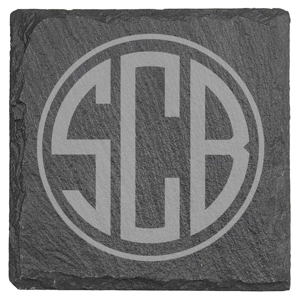 4" Square Slate Coasters 6 Piece Set - Round 3 Letter Monogram
