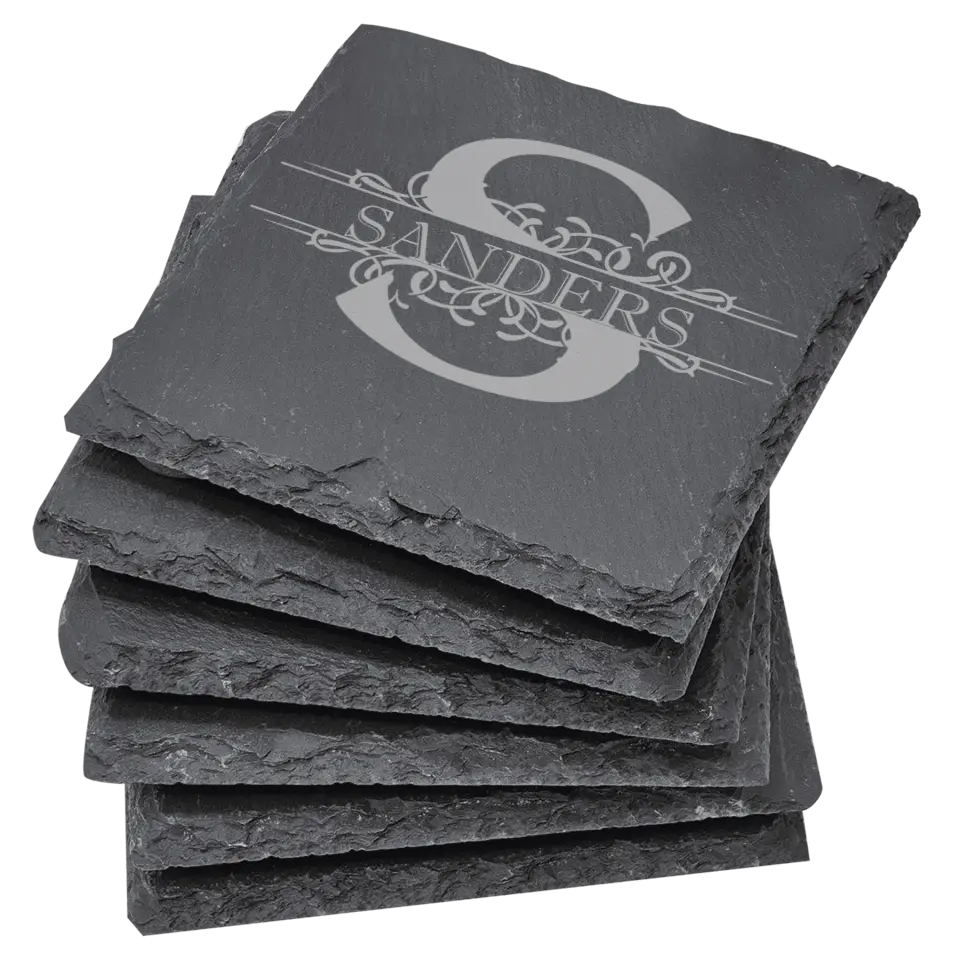 4" Square Slate Coasters 6 Piece Set - Monogram Name