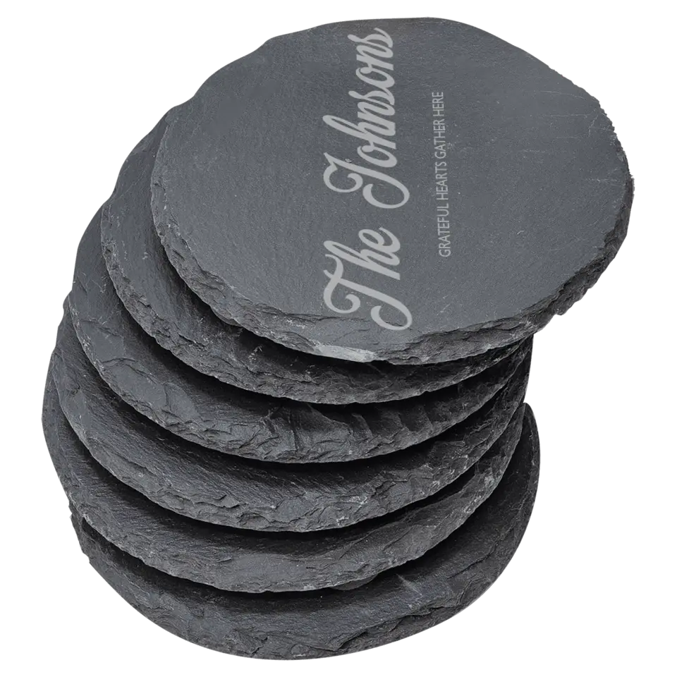 4" Round Slate Coasters 6 Piece Set - Family Slogan Last Name
