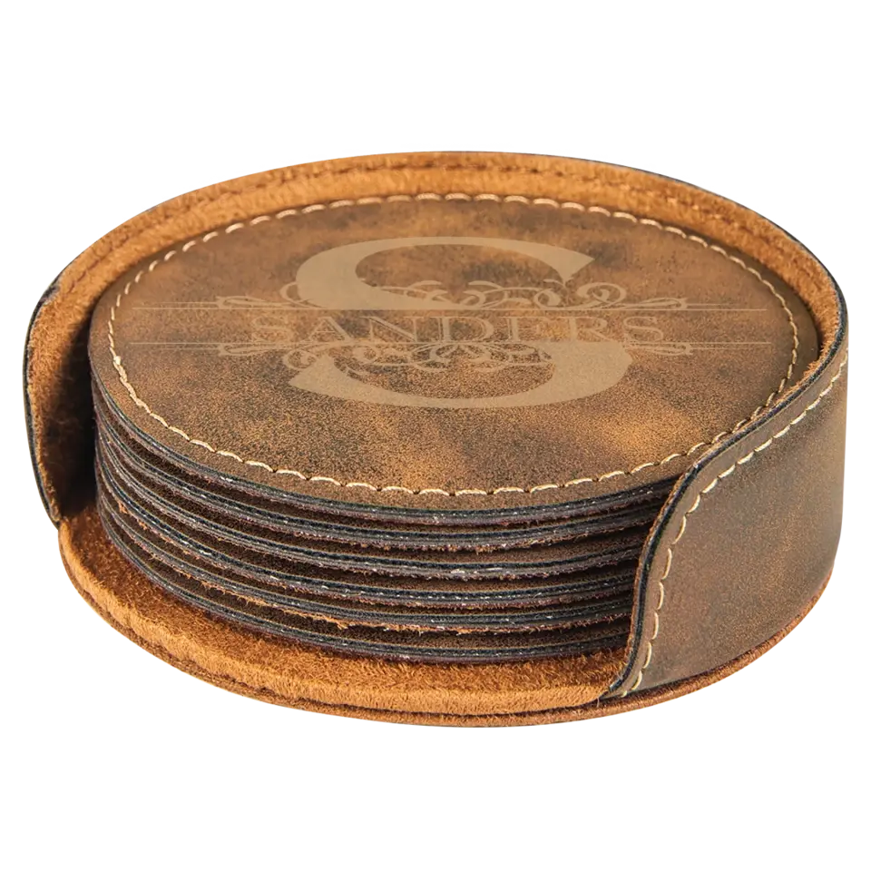 4" Round Leatherette Coasters 6 Piece Set - Monogram Name