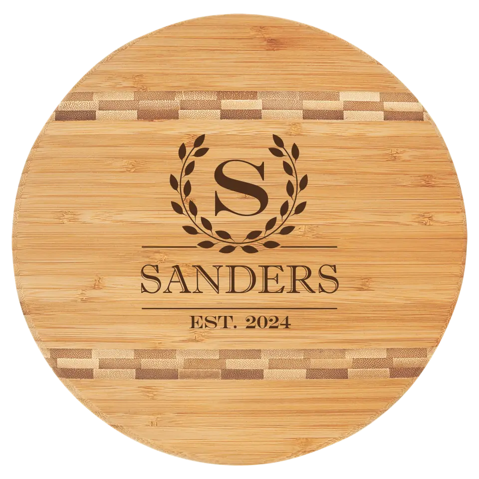 Round Bamboo Cutting Board With Butcher Block Inserts - Personalized Wreath Monogram