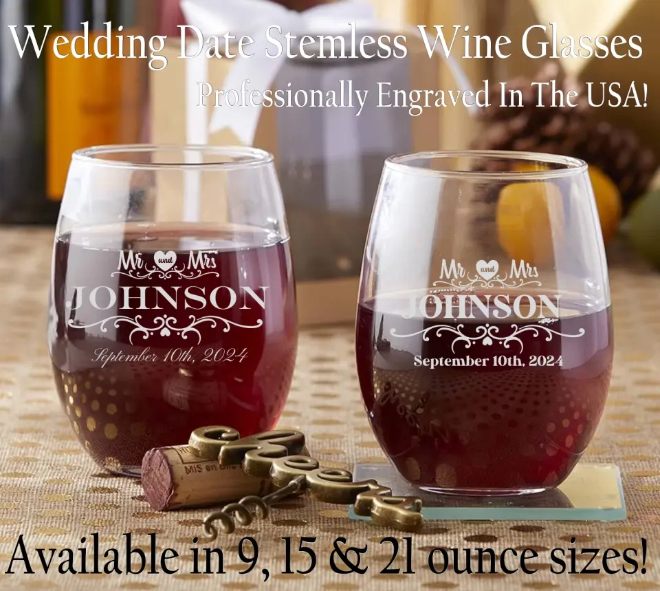 Stemless Wine Glass - Heart Mr & Mrs With Date