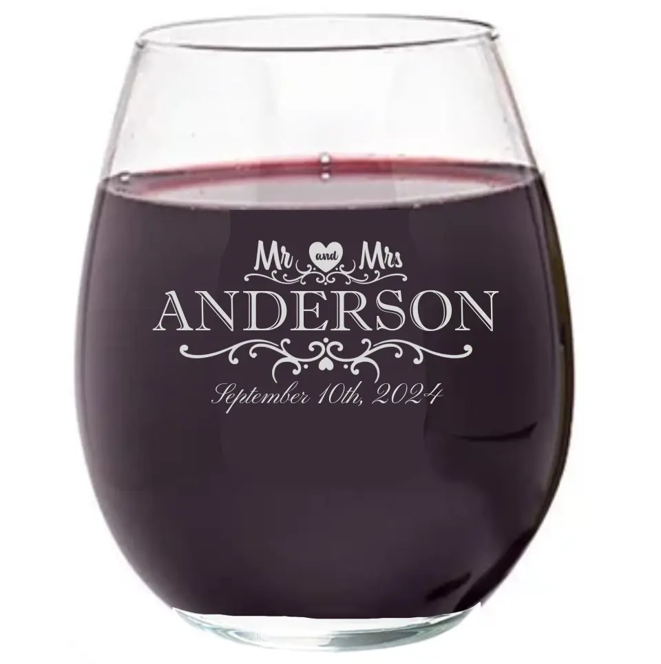 Stemless Wine Glass - Heart Mr & Mrs With Date