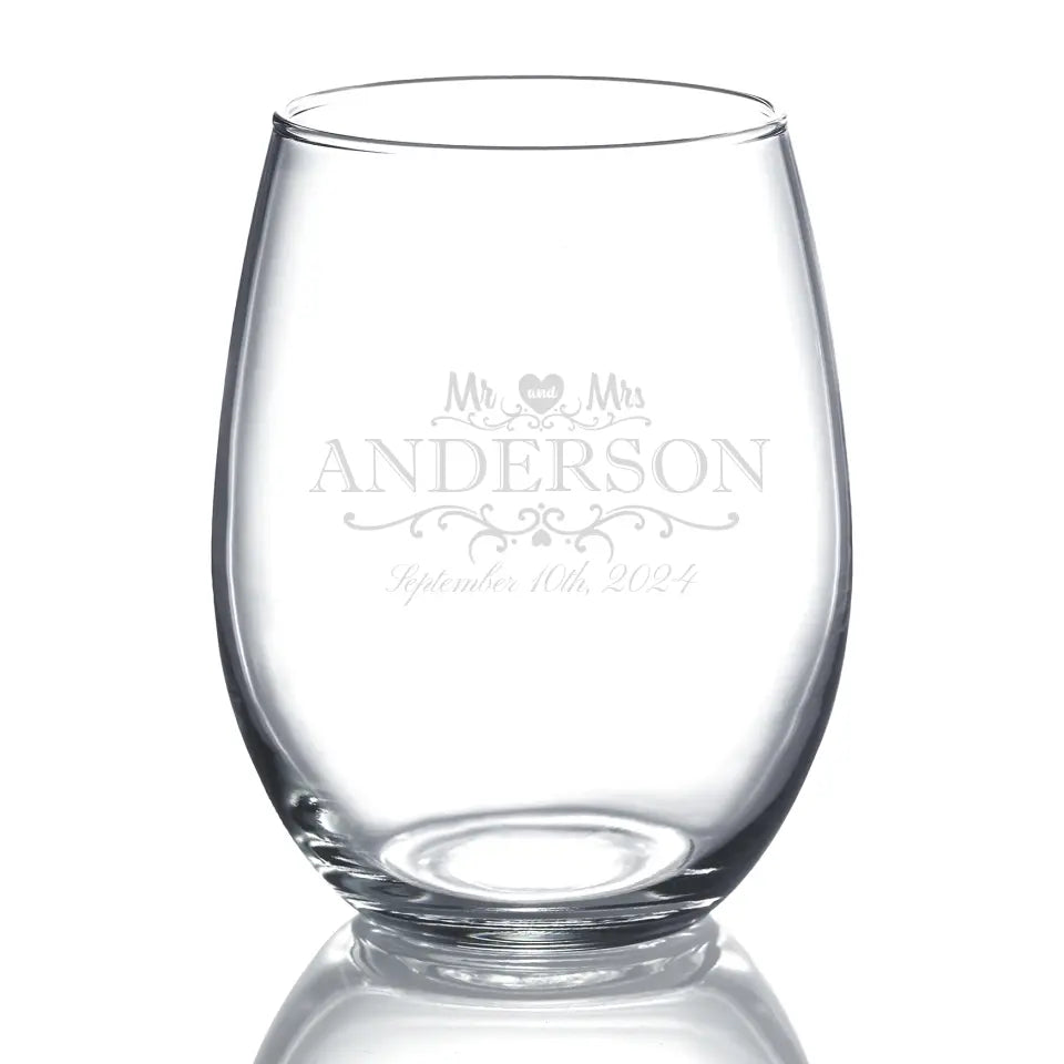 Stemless Wine Glass - Heart Mr & Mrs With Date