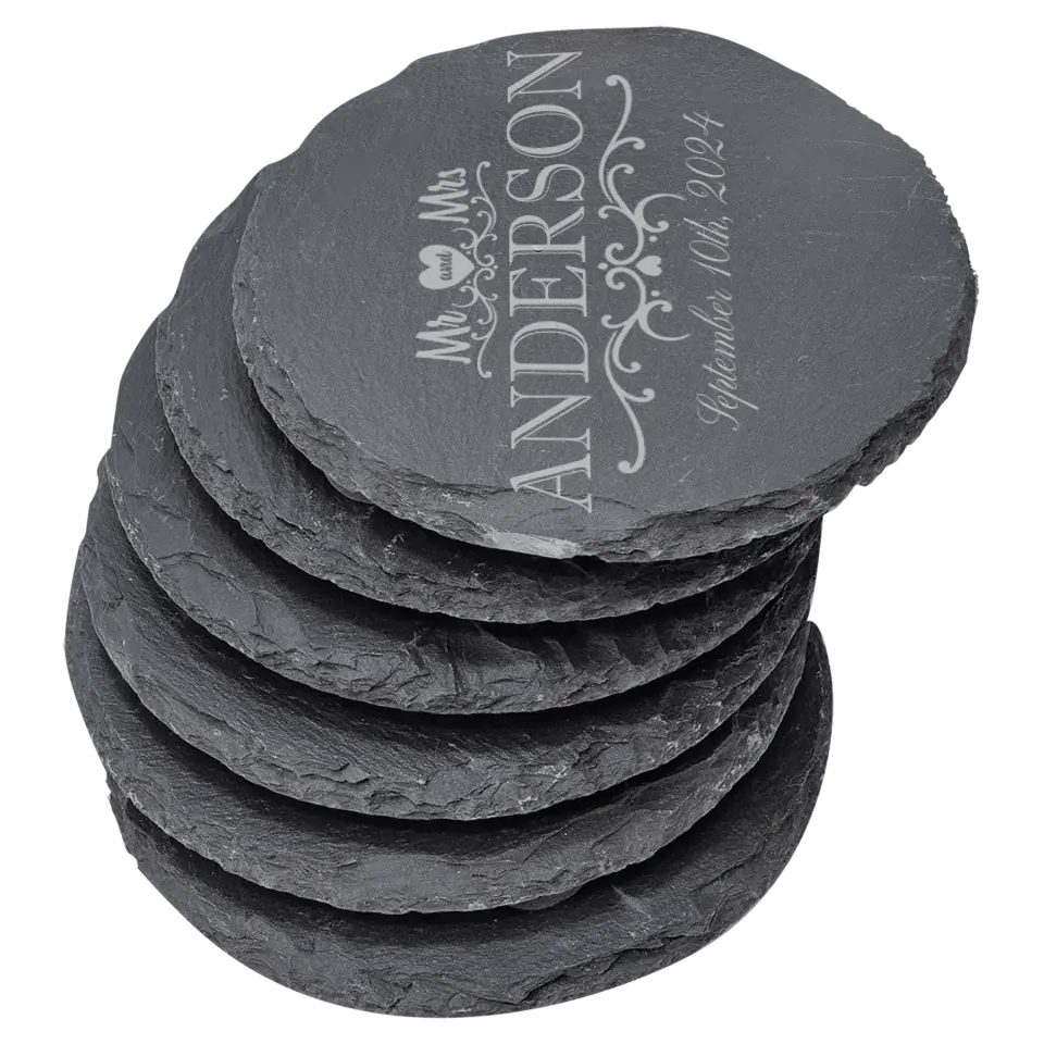 4" Round Slate Coasters 6 Piece Set - Heart Mr & Mrs With Date