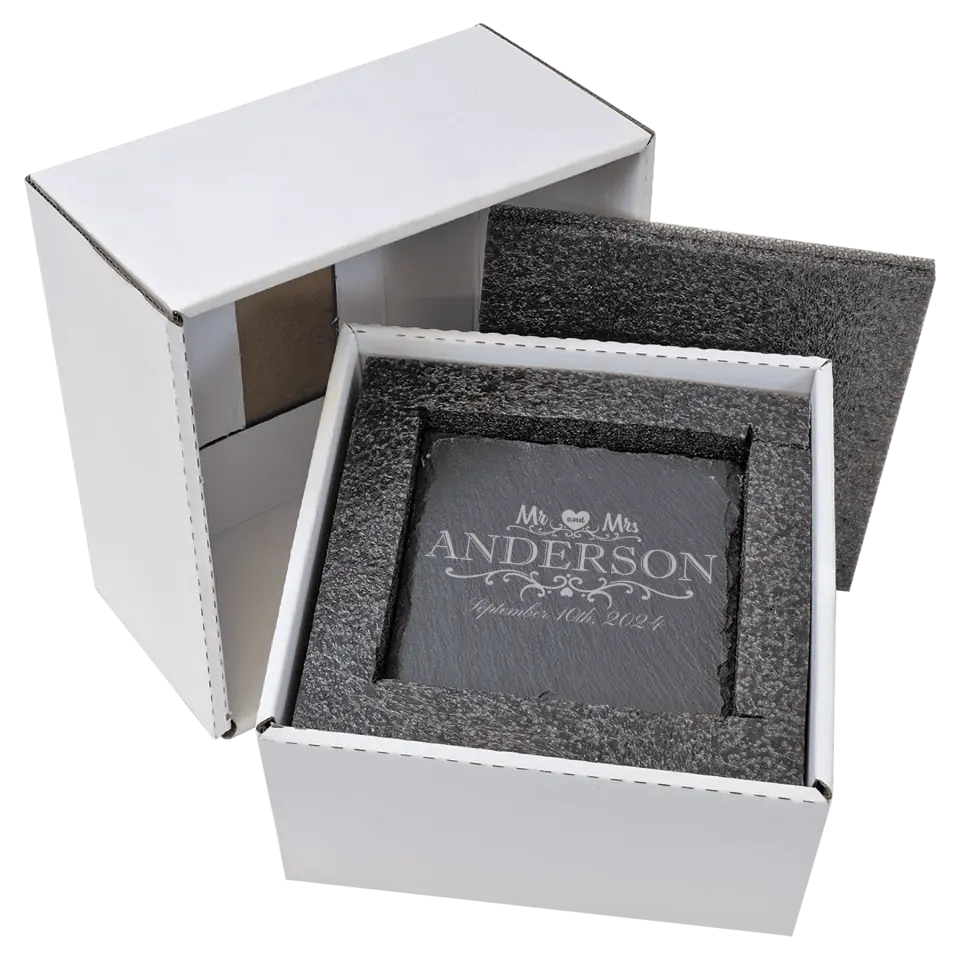 4" Square Slate Coasters 6 Piece Set - Heart Mr & Mrs With Date