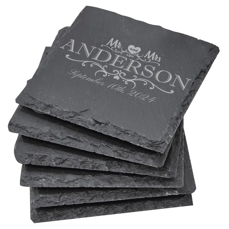 4" Square Slate Coasters 6 Piece Set - Heart Mr & Mrs With Date