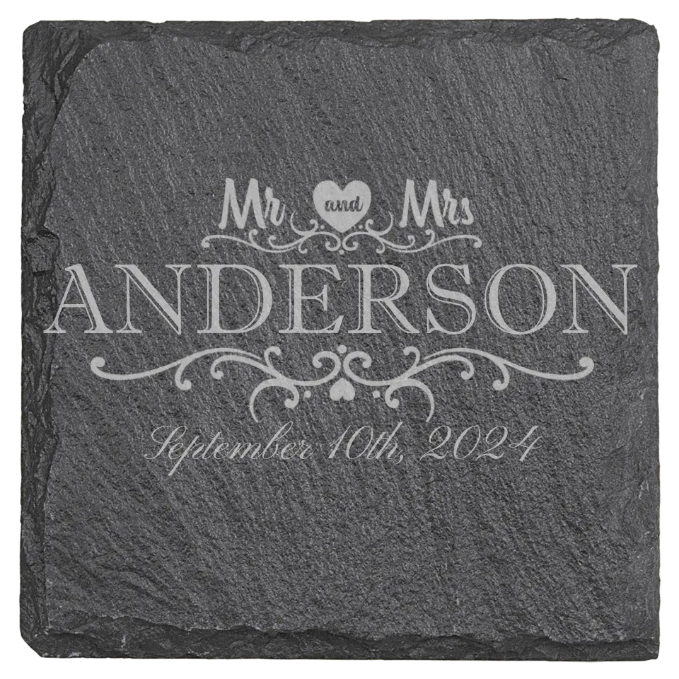4" Square Slate Coasters 6 Piece Set - Heart Mr & Mrs With Date