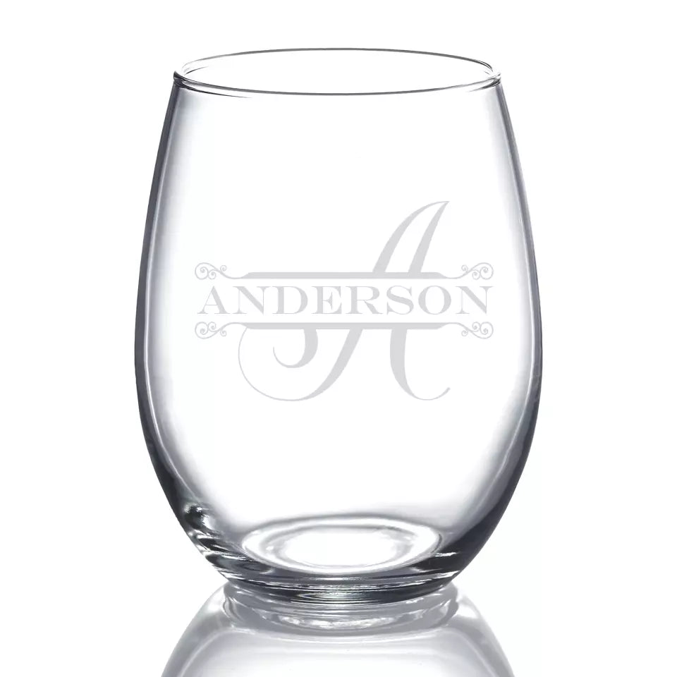 Stemless Wine Glass - Split Monogram With Name