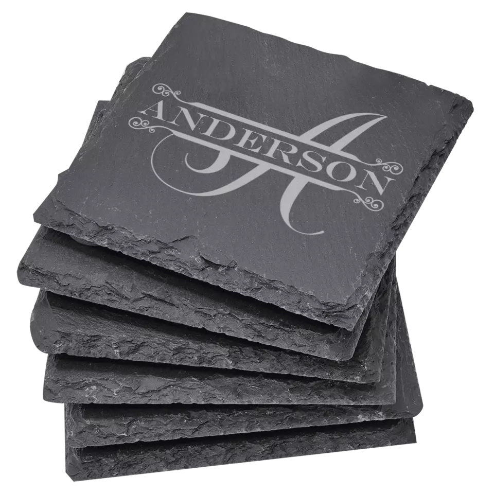 4" Square Slate Coasters 6 Piece Set - Split Monogram With Name