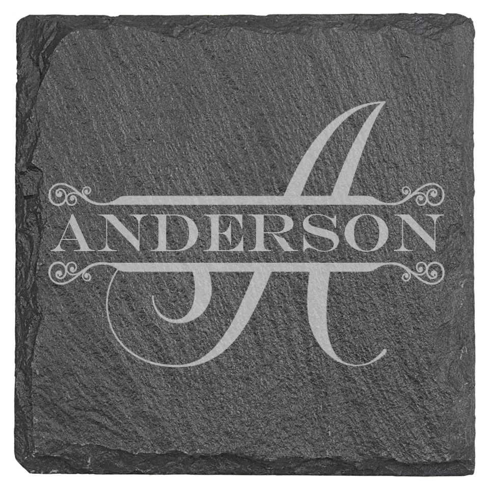 4" Square Slate Coasters 6 Piece Set - Split Monogram With Name