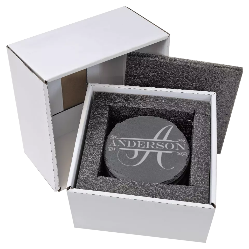 4" Round Slate Coasters 6 Piece Set - Split Monogram With Name