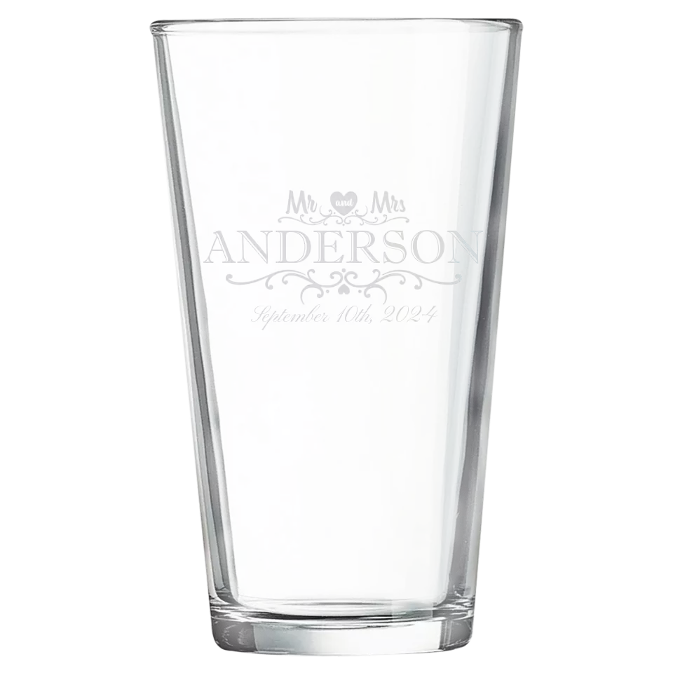 Classic Pint Glass - Heart Mr & Mrs With Date