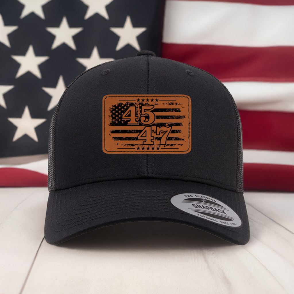 USA American Flag Patriotic 45 47 Leather Patch Embroidered Distressed Trucker Cap